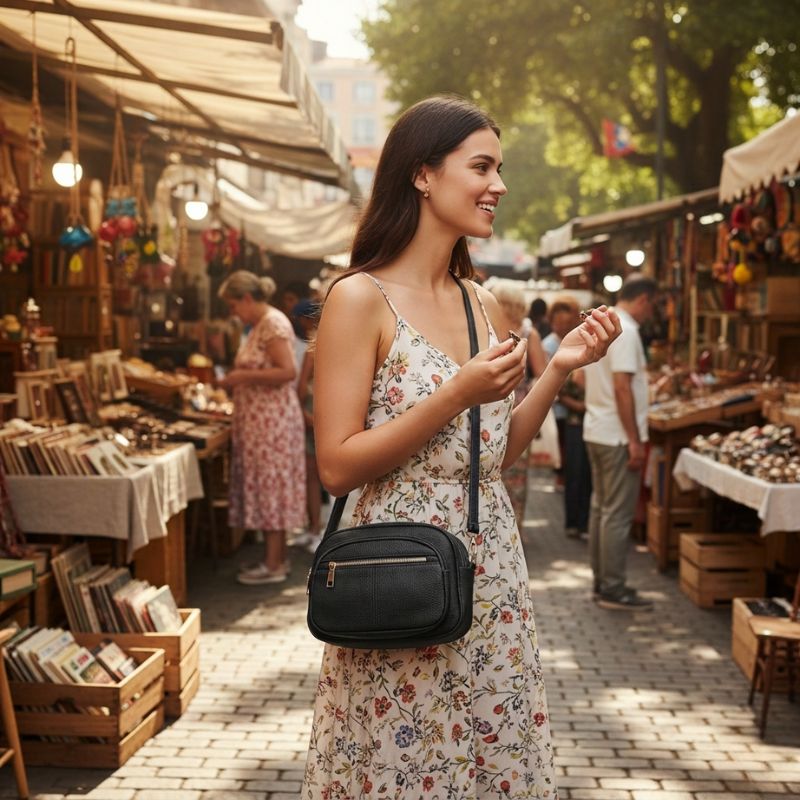 Compact Vegan Leather Multi-Compartment Crossbody Bag - Black - Image 2