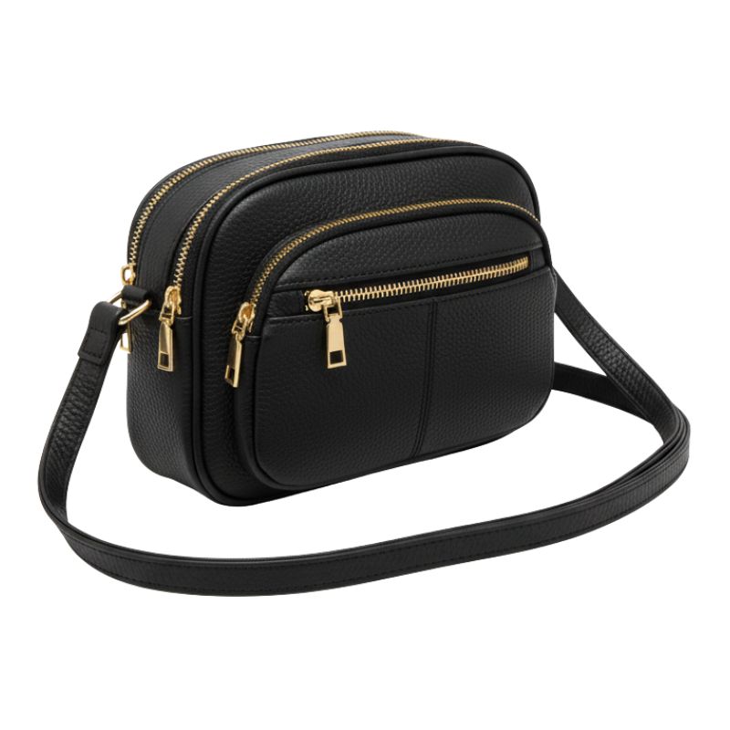 Compact Vegan Leather Multi-Compartment Crossbody Bag - Black