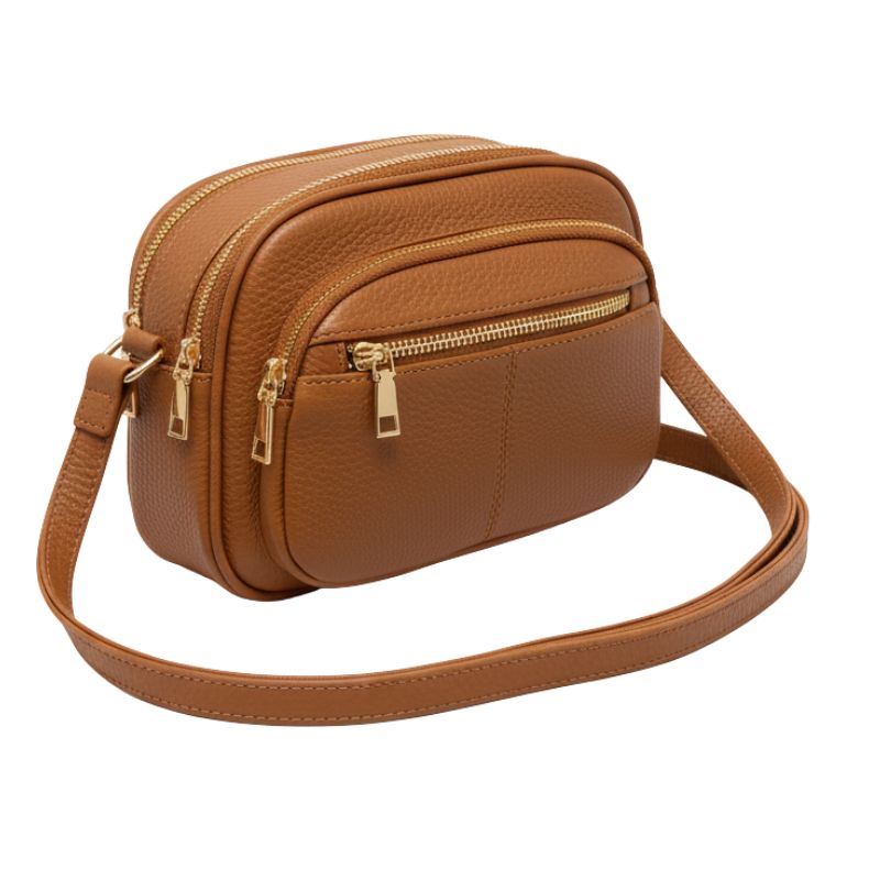 Compact Vegan Leather Multi-Compartment Crossbody Bag - Brown