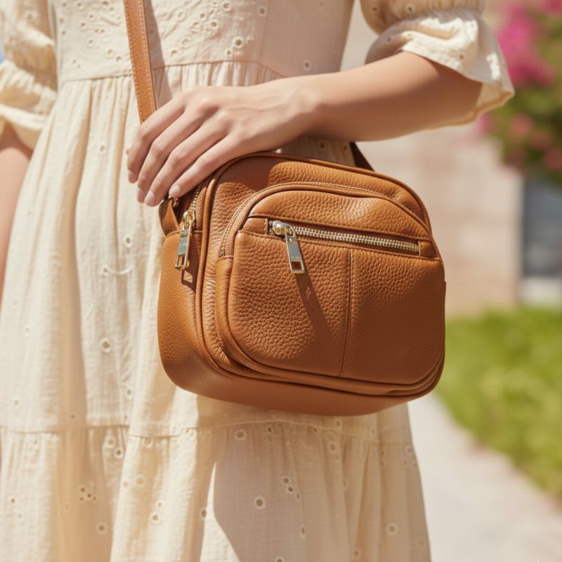 Compact Vegan Leather Multi-Compartment Crossbody Bag - Brown - Image 3