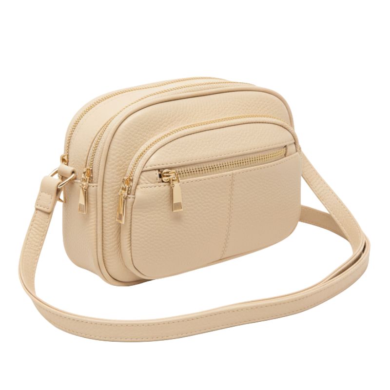 Compact Vegan Leather Multi-Compartment Crossbody Bag - Cream