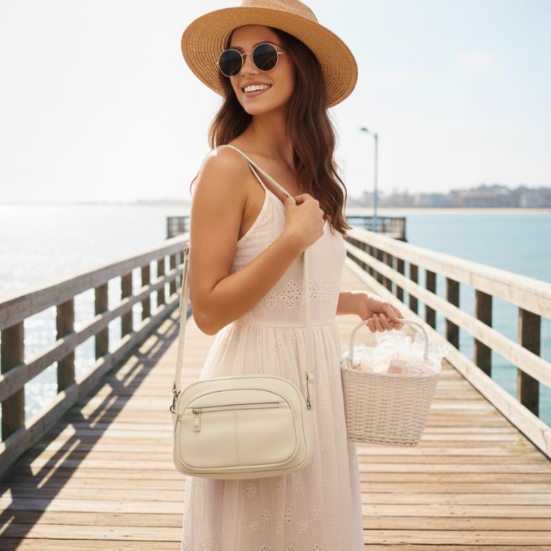 Compact Vegan Leather Multi-Compartment Crossbody Bag - Cream - Image 3
