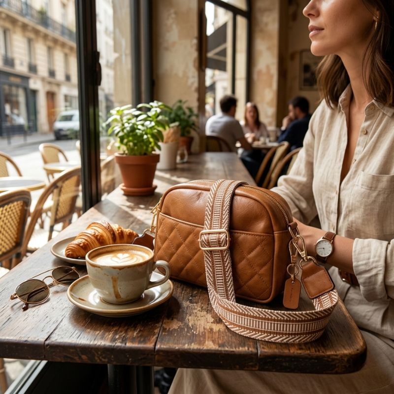 Quilted Vegan Leather Crossbody Bag with Woven Guitar Strap - Brown - Image 3
