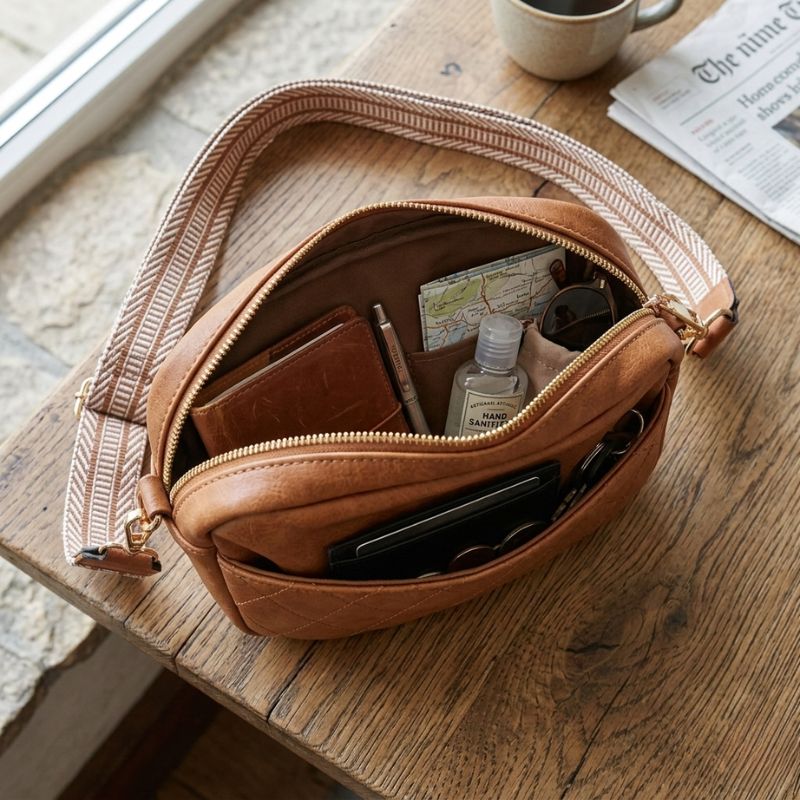 Quilted Vegan Leather Crossbody Bag with Woven Guitar Strap - Brown - Image 2