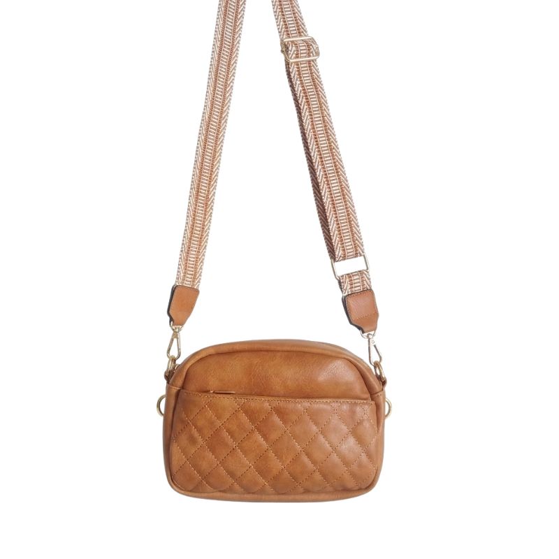 Quilted Vegan Leather Crossbody Bag with Woven Guitar Strap - Brown