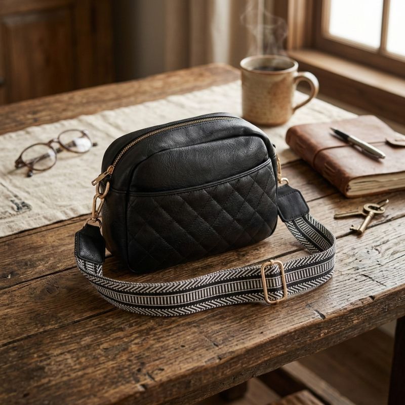Quilted Vegan Leather Crossbody Bag with Woven Guitar Strap - Black - Image 3