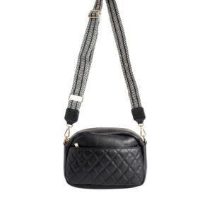 Quilted Vegan Leather Crossbody Bag with Woven Guitar Strap - Black