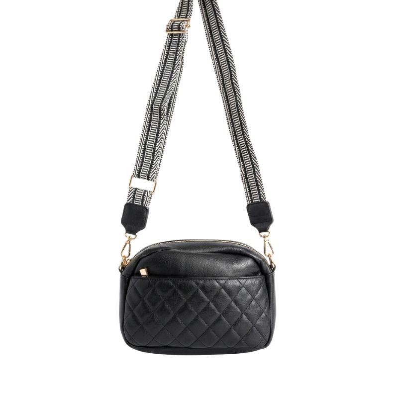 Quilted Vegan Leather Crossbody Bag with Woven Guitar Strap - Black