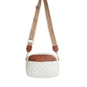 Quilted Vegan Leather Crossbody Bag with Woven Guitar Strap - White