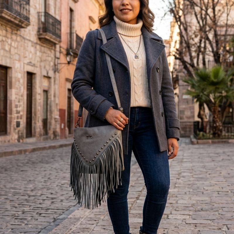 Boho-Chic Grey Cognac Fringe Bag - Image 2
