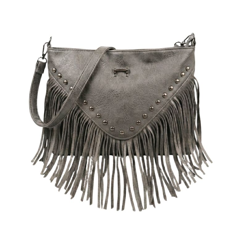 Boho-Chic Grey Cognac Fringe Bag